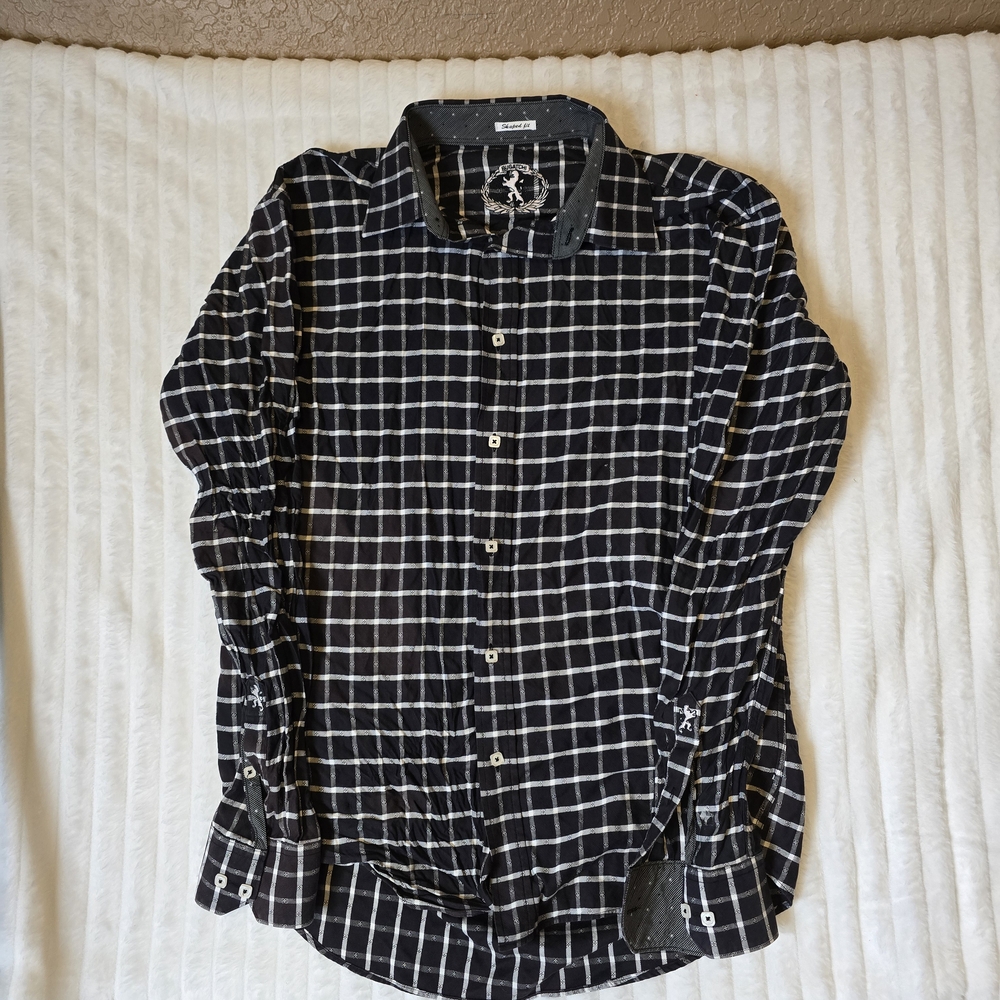 Bugatchi Black and White Checkered Men's Shirt Large